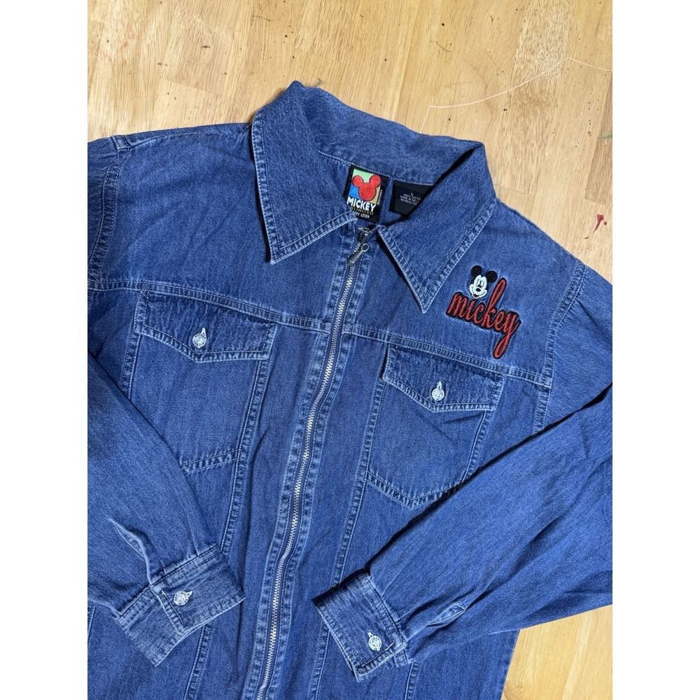 Vintage 90s Disney Mickey Mouse Denim Jacket Womens L Embroidered Full Zip